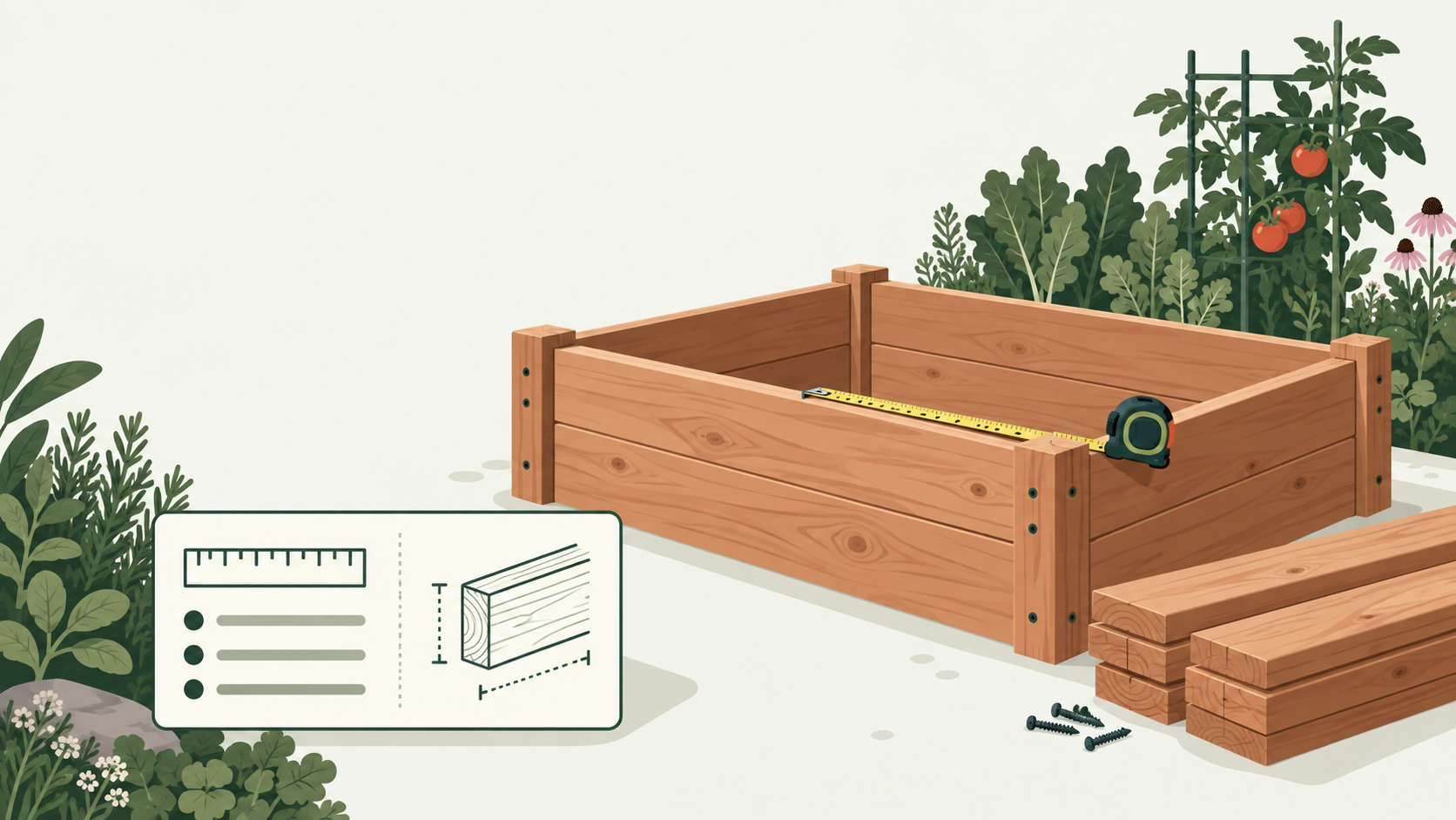 A cedar raised garden bed frame with a tape measure and cut lumber boards nearby