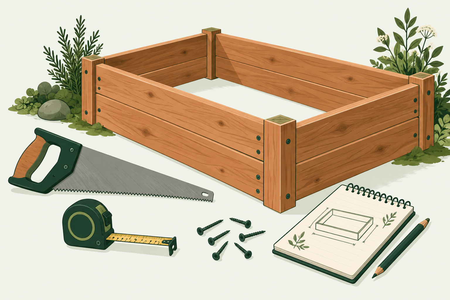 Hand tools and a notepad with a raised bed cut list sketch on a workbench